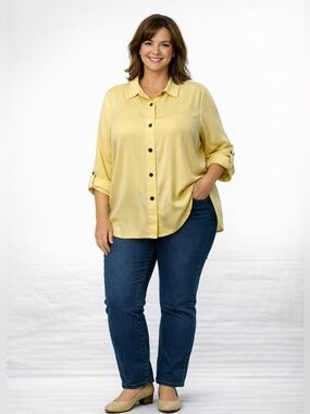 Sag Harbor Silk Butter Yellow Long Sleeve Button-Up Collared Blouse 20W